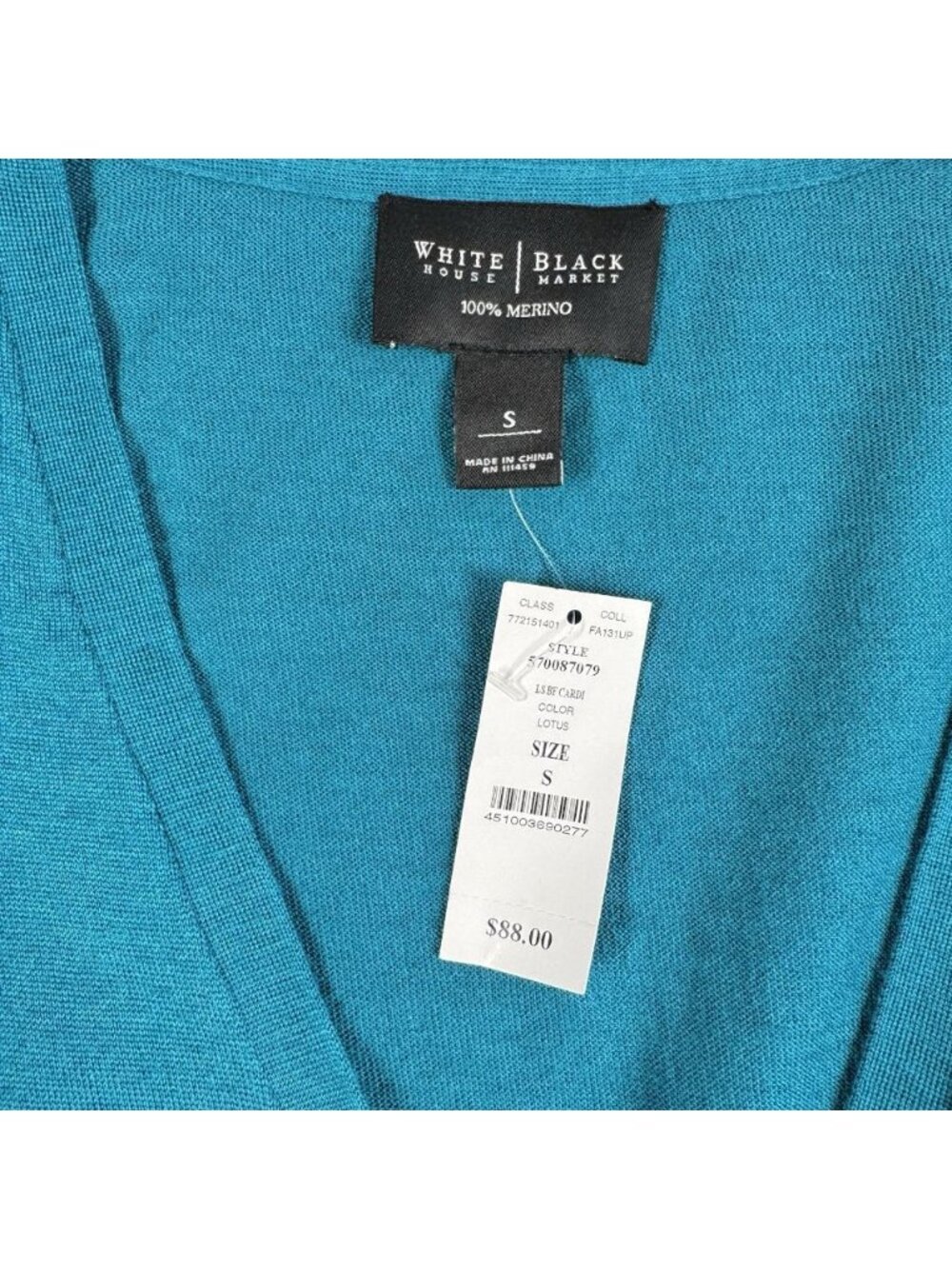 White House Black Market Cardigan Size Small Blue Merino Wool Snap Horse Bit NEW - Picture 4 of 9